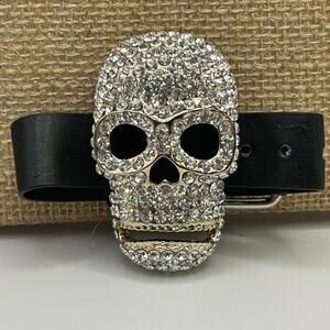 Clear Rhinestones Gold Tone Skull Bling Bling Wrist Buckle W/ Bracelet Strap